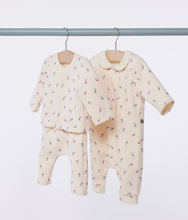 Babies' floral print cotton playsuit with a collar Ecru/multicolor