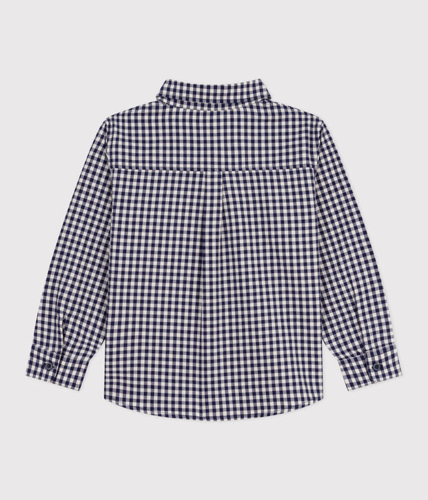 Boys' checked cotton shirt blue/ecru