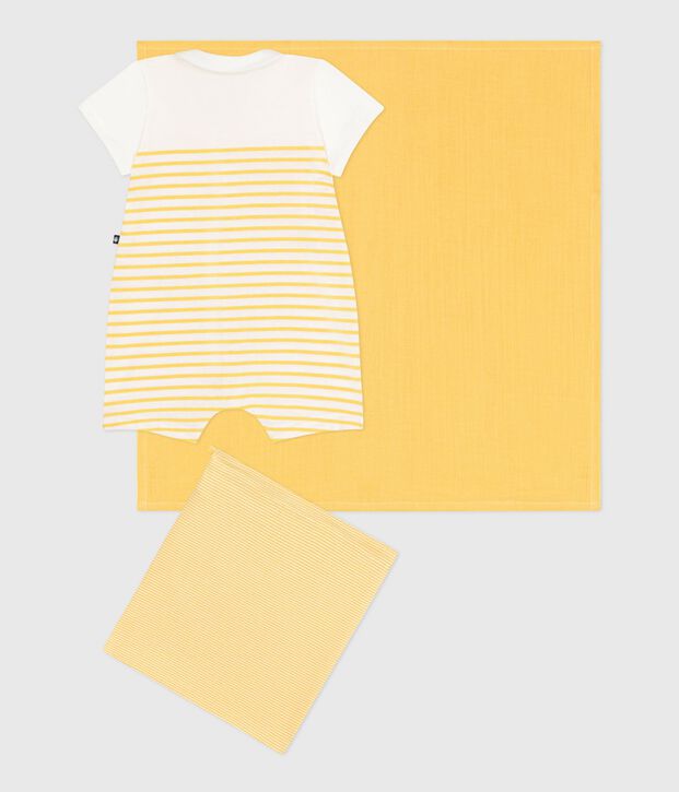 Two-piece newborn baby set with a short jumpsuit and a muslin white/yellow