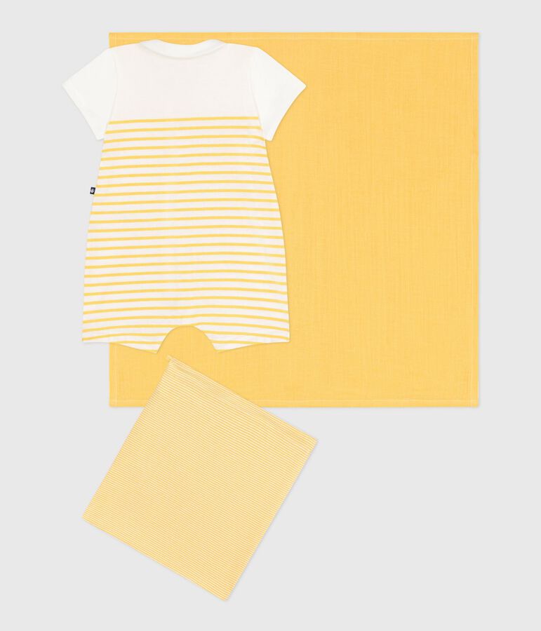 Two-piece newborn baby set with a short jumpsuit and a muslin white/yellow