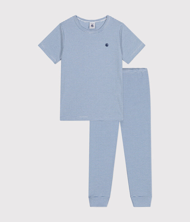 Children's stripy cotton pyjamas blue/white