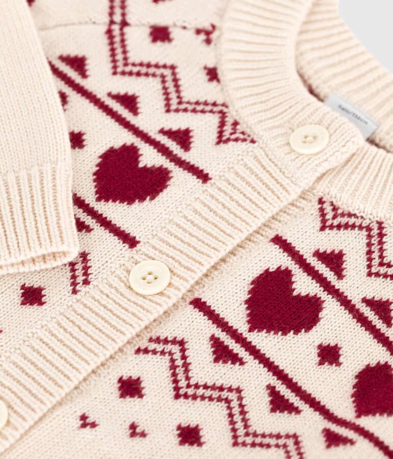 Children's cotton and wool patterned jacquard cardigan Ecru/red