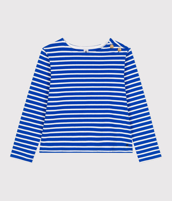 Women's long-sleeved cotton Breton top PERSE blue/MARSHMALLOW white