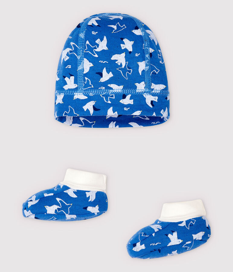 Newborn Babies' Blue Organic Cotton Tube Knit Bonnet and Bootees Set multicolor
