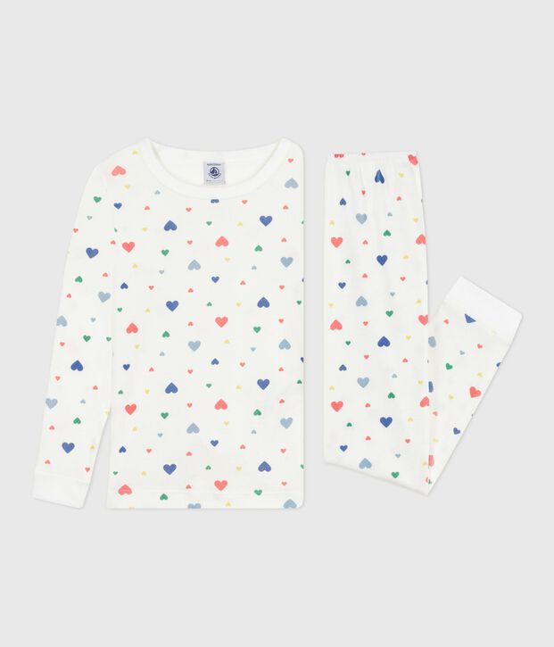 Children's cotton pyjamas with heart print, very fitted white/multicolor