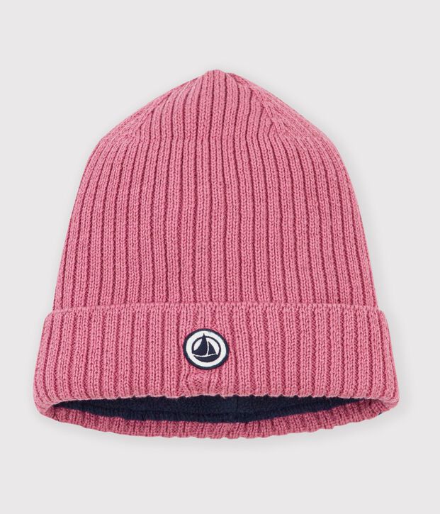 Children's polar fleece-lined knitted beanie hat pink