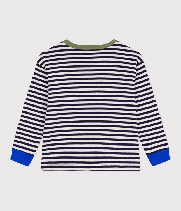 Children's long-sleeved stripy cotton T-shirt blue/ecru