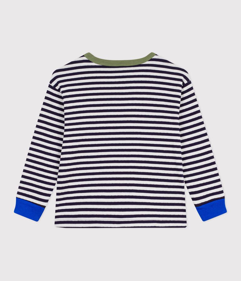 Children's long-sleeved stripy cotton T-shirt blue/ecru
