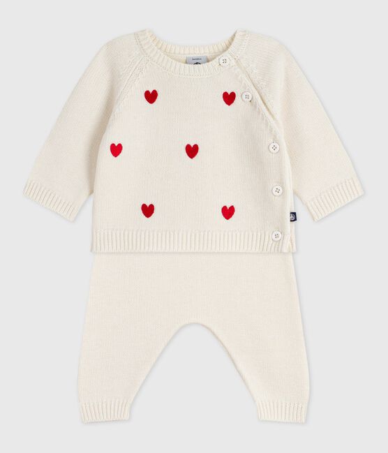 Babies' two-piece knitted outfit with embroidered hearts MARSHMALLOW red/POMPEI