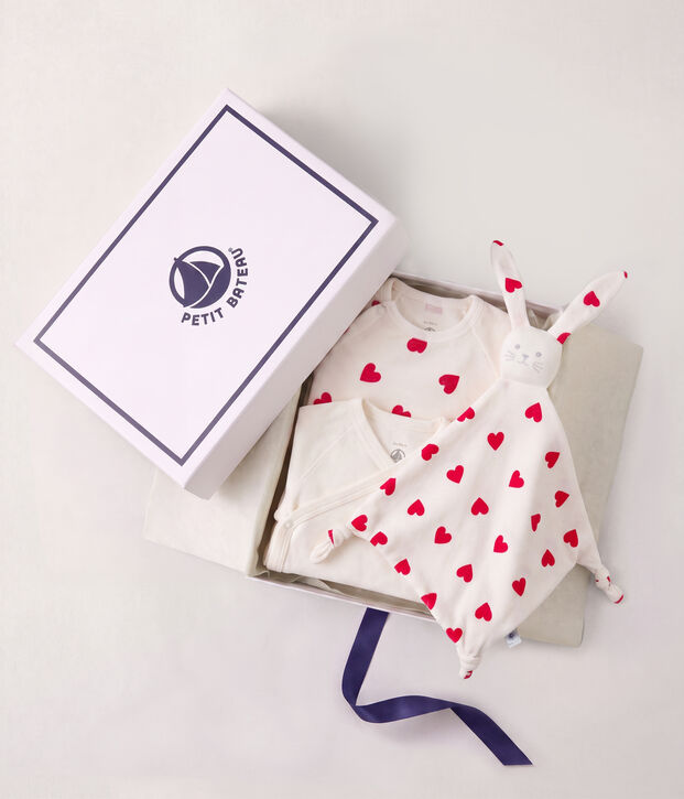 Unisex baby set featuring heart-print cotton sleepsuits, bodysuit , and a Comforter multicolor