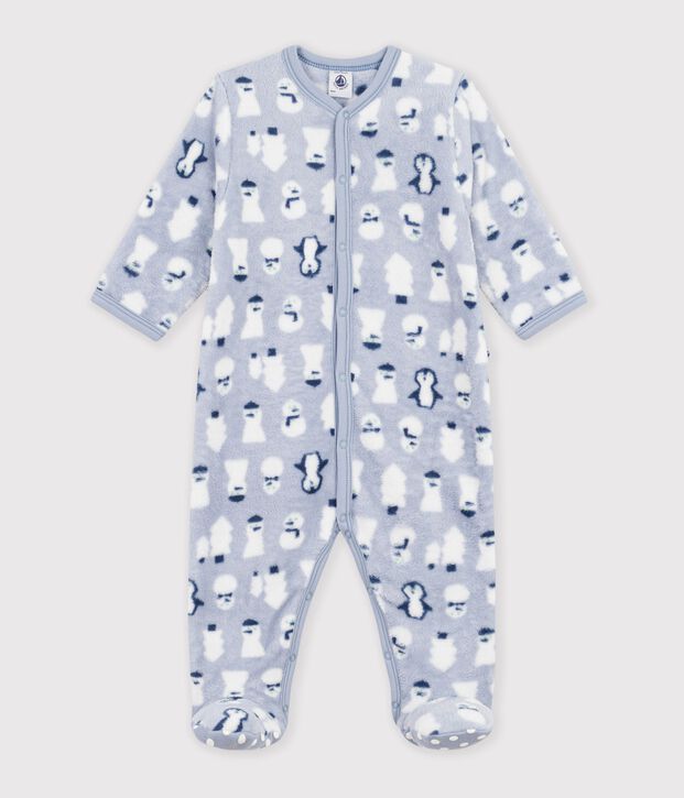 Babies' fleece onesie with a snowman print blue/multicolor
