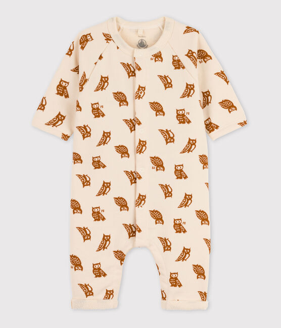 Babies' Owl Themed Cotton Jumpsuit AVALANCHE white/ECUREUIL