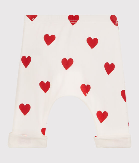 Babies' Red Heart Patterned Organic Cotton Trousers MARSHMALLOW white/TERKUIT red