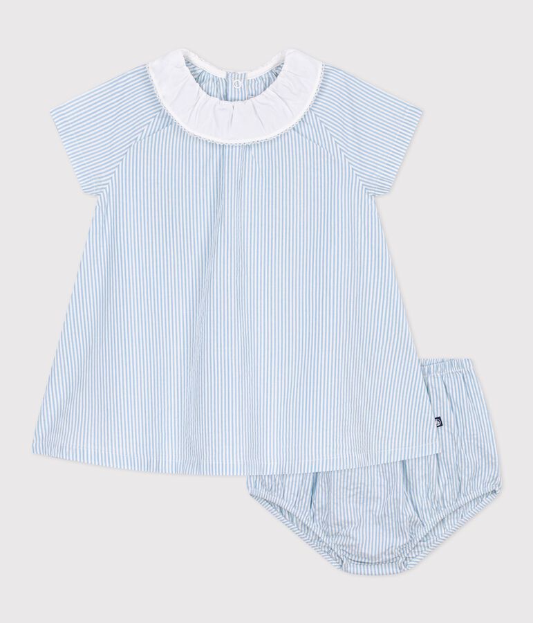 Babies' short cotton dress with its own stripy bloomers MARSHMALLOW blue/FLO