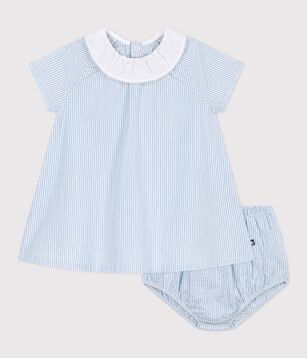 Babies' short cotton dress with its own stripy bloomers blue/blue