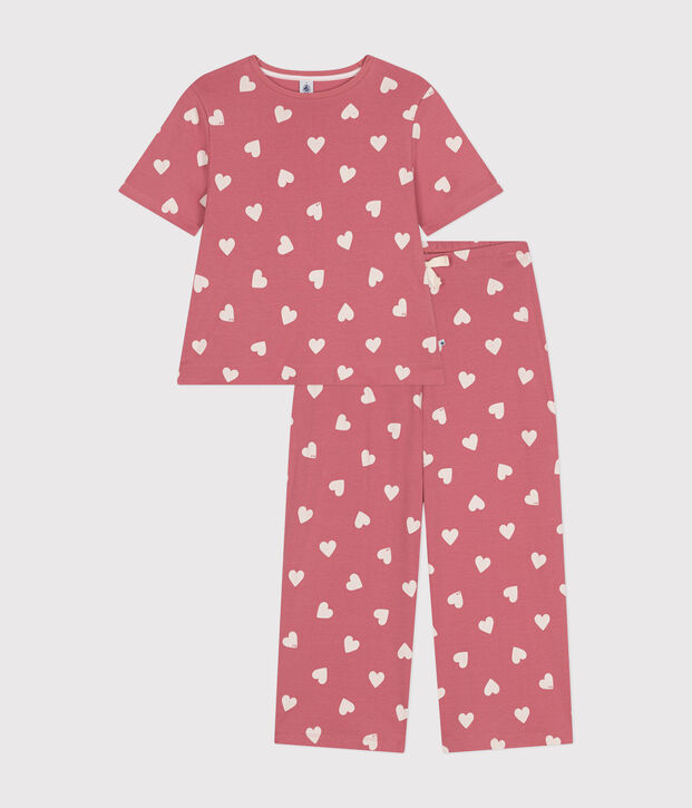 Women's cotton heart print pyjamas pink/white