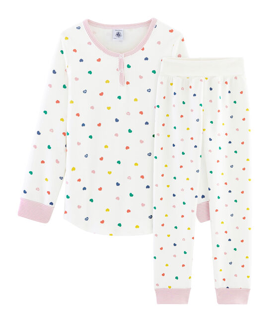 Girls' High-Rise Double-Sided Jersey Pyjamas MARSHMALLOW white/MULTICO white