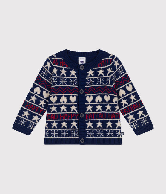 Babies' knitted cardigan with a wool content MEDIEVAL blue/MULTICO white