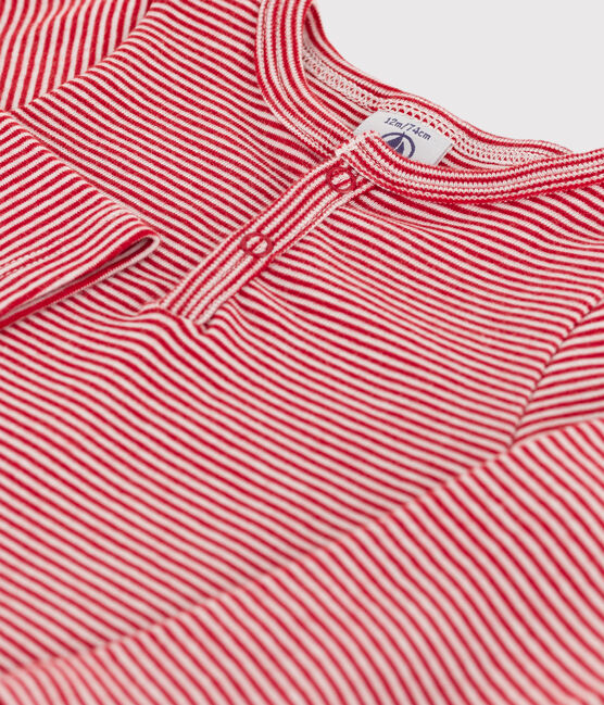 Babies' Stripy Long-Sleeved Cotton Henley Bodysuit STOP /MARSHMALLOW