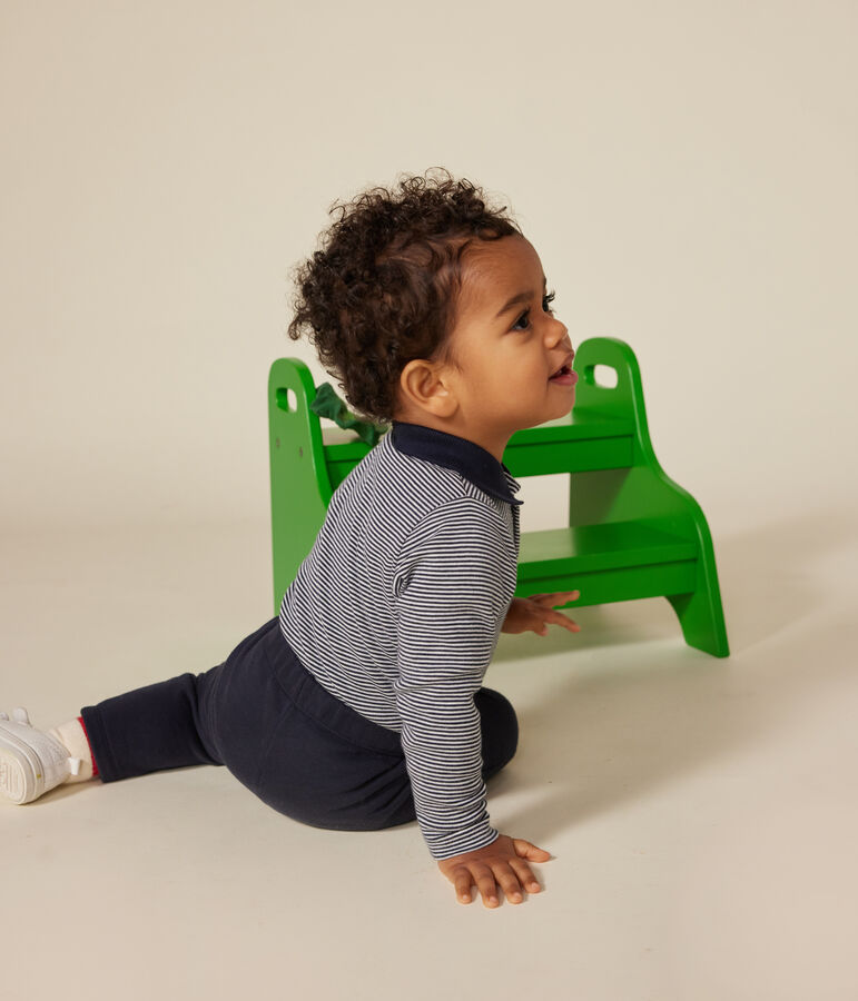 Babies' stripy cotton body with a polo shirt collar SMOKING blue/MARSHMALLOW white