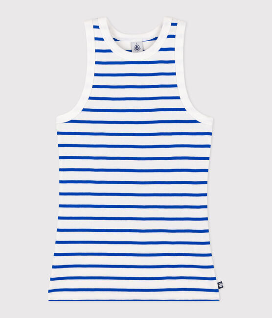 Women's Iconic striped cotton tank top MARSHMALLOW white/PERSE blue