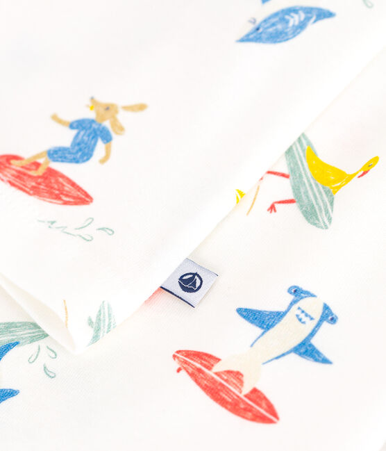 Children's long-sleeved surfer print cotton pyjamas MARSHMALLOW white/MULTICO white