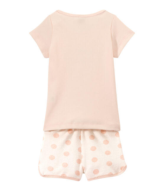 Girl's two-fabric shortie pyjamas with silkscreen motif LAIT white/ROSE pink/FLEUR