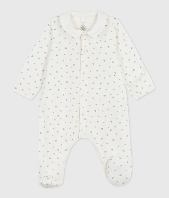 Babies' heart-print velour pyjama suit with a collar MARSHMALLOW blue/FLO