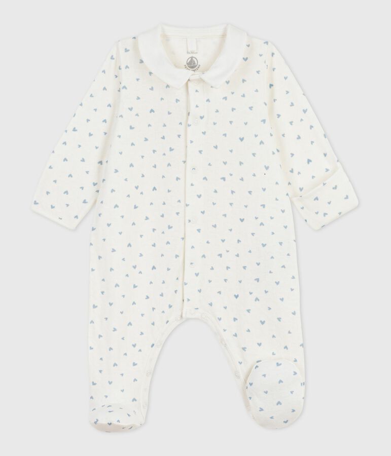 Babies' heart-print velour pyjama suit with a collar white/blue