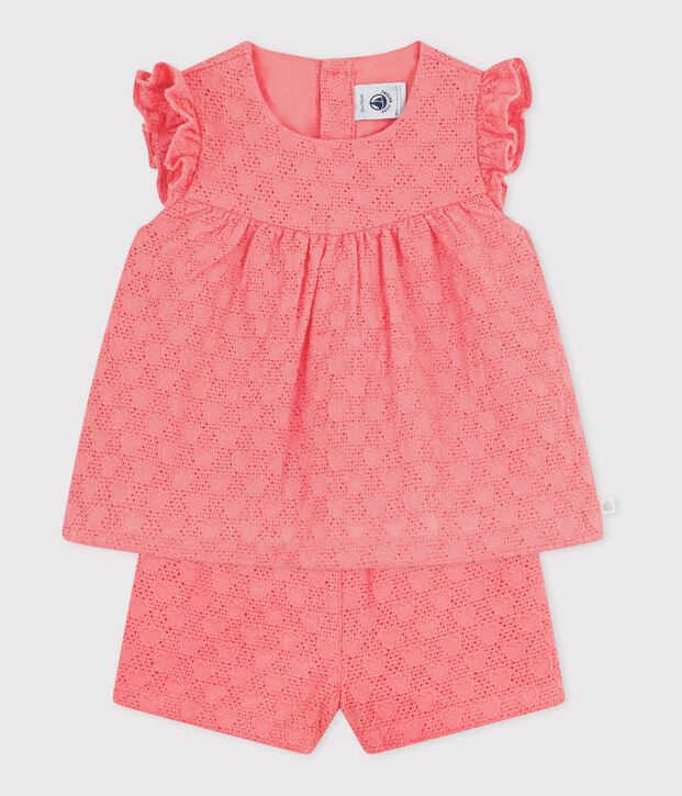 Babies' 2-piece outfit in broderie anglaise, hearts design pink