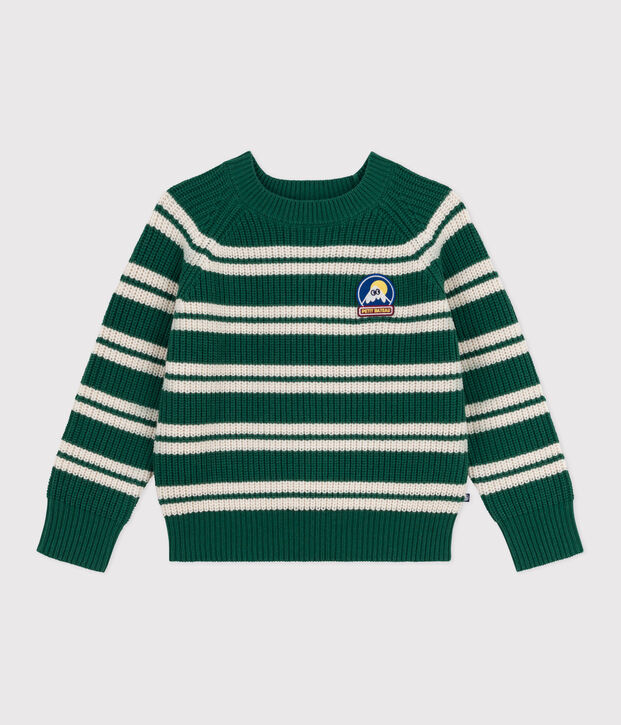 Children's stripy jumper in wool and cotton green/ecru