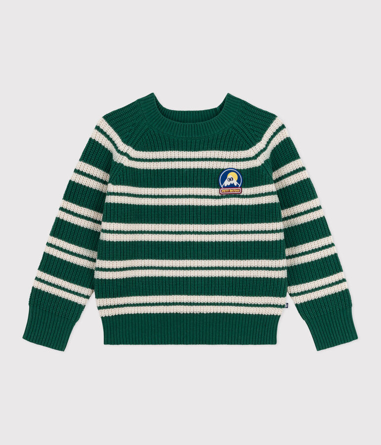 Children's stripy jumper in wool and cotton green/ecru