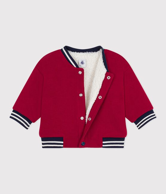 Babies' varsity-style jacket in plain cotton and sherpa AMARANTE