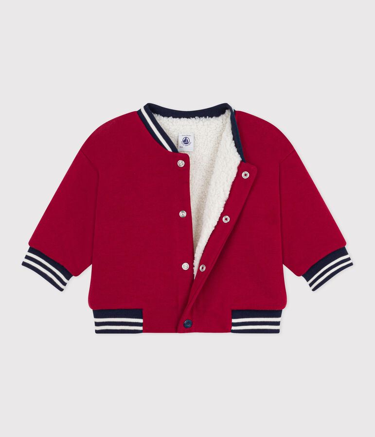 Babies' varsity-style jacket in plain cotton and sherpa red