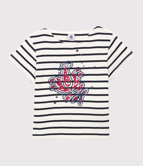 Girls' Short-Sleeved Organic Cotton T-Shirt MARSHMALLOW white/SMOKING blue