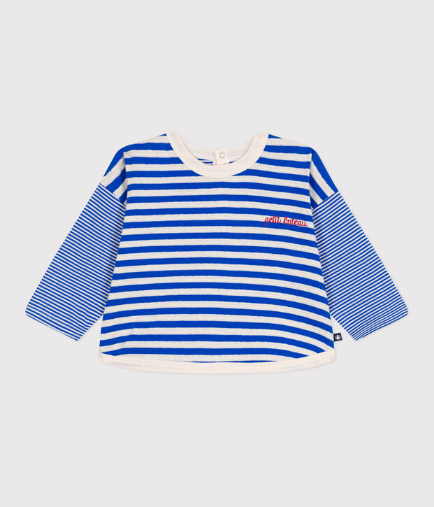 Babies' long sleeved stripy cotton T-shirt blue/ecru