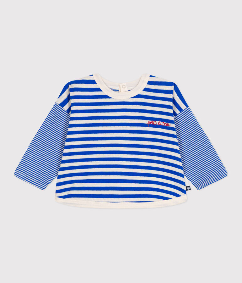 Babies' long sleeved stripy cotton T-shirt blue/ecru