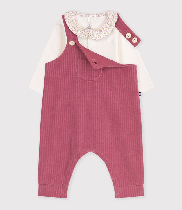 Cotton baby romper and bodysuit set with plain collar pink/ecru