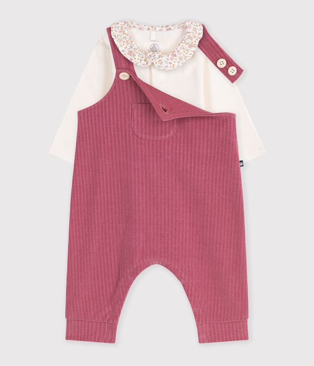 Ensemble salopette et body b&eacute;b&eacute; en coton avec col uni pink/ecru