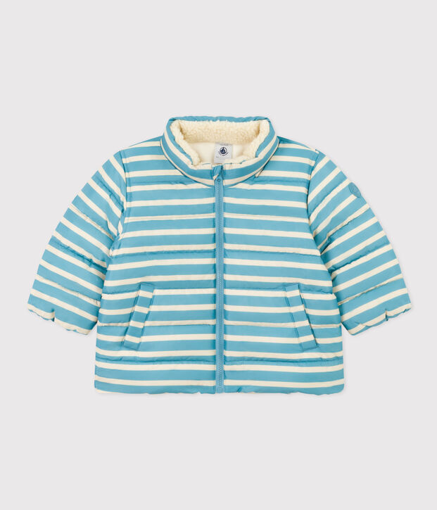 Babies' Stripy Puffer Jacket with Retractable Hood blue/ecru