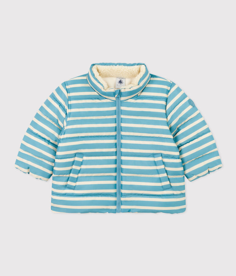 Babies' Stripy Puffer Jacket with Retractable Hood blue/ecru