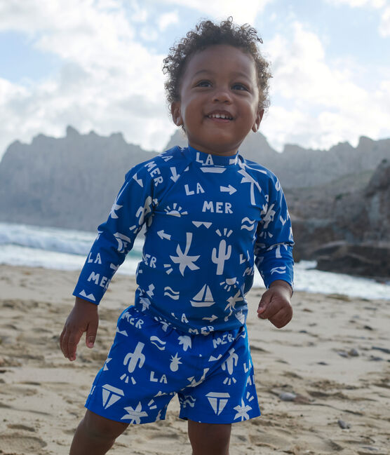 Babies' beach print swim shorts PORCELANA blue/MARSHMALLOW