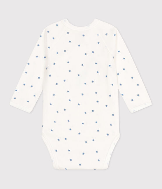 Babies' long-sleeved wrapover cotton bodysuit MARSHMALLOW white/ALASKA blue