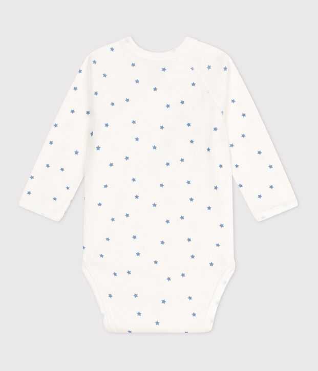 Babies' long-sleeved wrapover cotton bodysuit white/blue