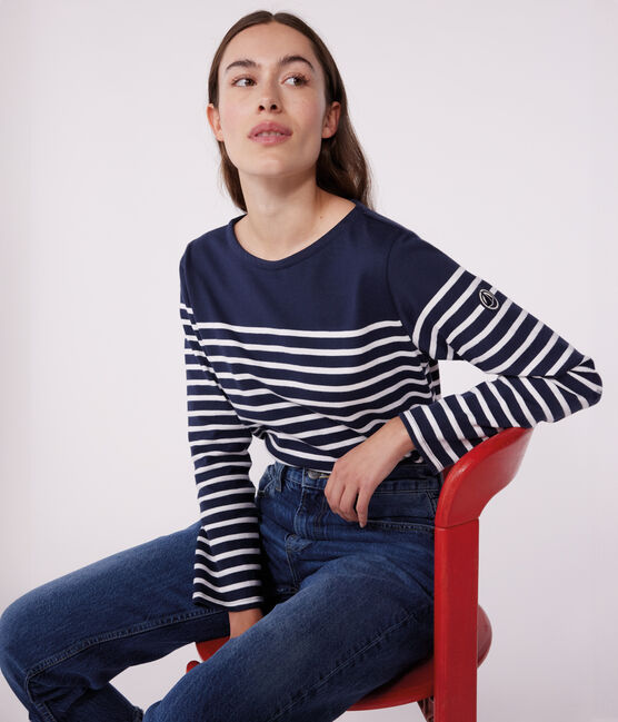 Women's long-sleeved cotton Breton top SMOKING blue/MARSHMALLOW white