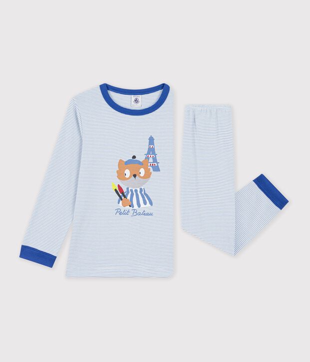 Children's stripy cotton pyjamas blue/white