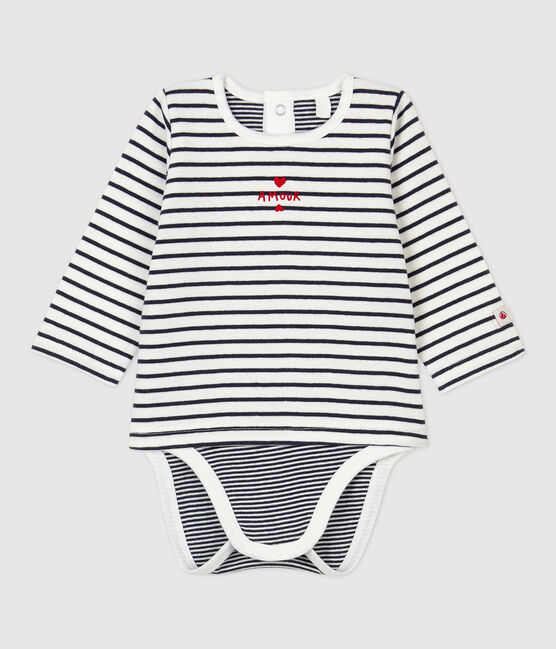 Babies' Sailor Striped Organic Cotton Bodysuit MARSHMALLOW white/SMOKING blue