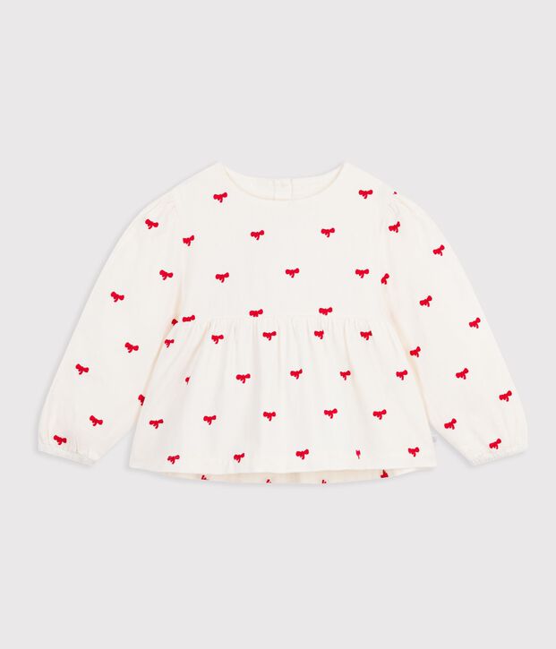 Children's long-sleeved cotton blouse printed with bows Ecru/red