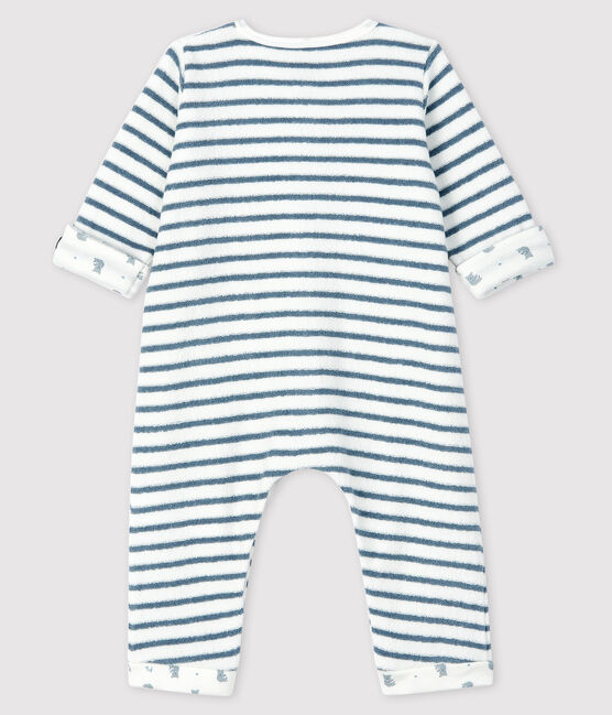 Babies' Long Striped Brushed Terry Jumpsuit MARSHMALLOW white/ASTRO blue