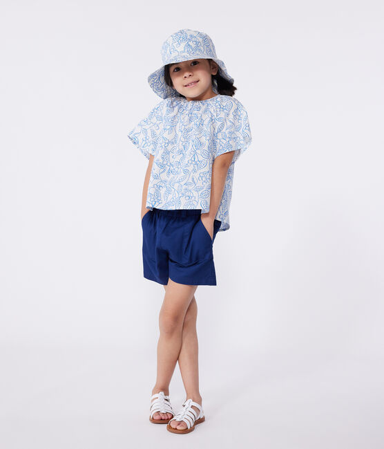 Children's short-sleeved cherry print cotton blouse MARSHMALLOW blue/PORCELANA